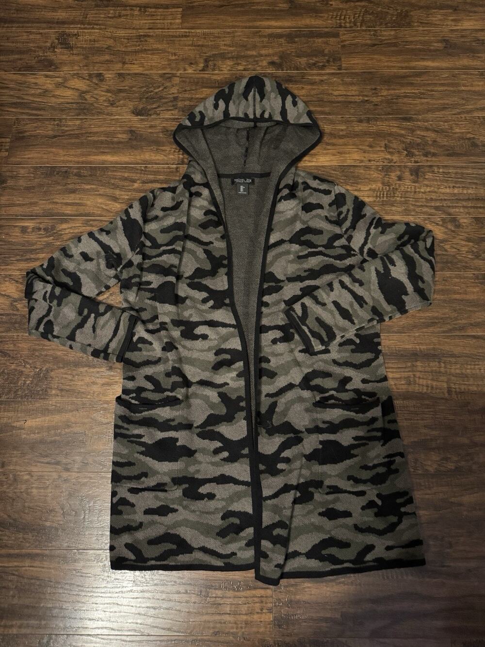 Rachel Zoe Cardigan Sweater Womens Green Camo Hooded Open Front Pockets Sz:Large